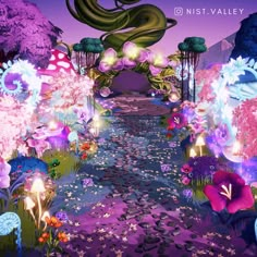 an image of a fantasy garden with flowers and plants on the ground in front of a purple sky