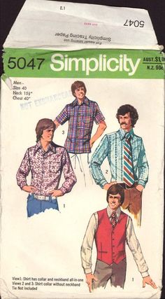 Simplicity 5047 Men's Vest and Set of Shirts, Sewing Pattern, Size 40, CUT, INCOMPLETE Small pocket piece B is missing (see picture 3). Yoke Shirt, Mens Sewing Patterns, Simplicity Patterns Vintage, 1970s Sewing Patterns, Disco Style, Shirt Sewing Pattern, Simplicity Sewing, Vest Pattern, Couture Vintage