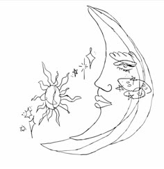 a black and white drawing of a woman's face on the moon with stars