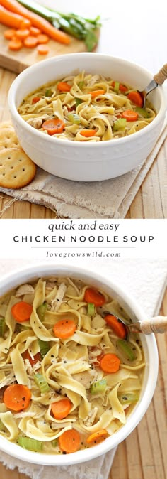 two pictures of chicken noodle soup with carrots and crackers on the side