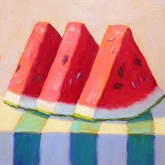 a painting of watermelon slices on a table