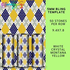 three cans of white crystal mountaina yellow and blue paint on a green background with the text, 5mm bling template