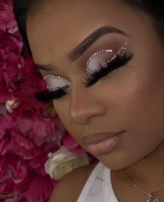 Rhinestone Glam Makeup, Natural Glam Makeup With Rhinestones, Baddie Eyeshadow Looks, Diamond Makeup Looks, Client Makeup, Natural Prom Makeup