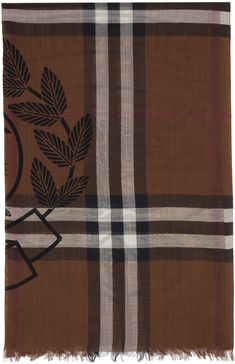 Rectangular plain-woven wool and silk-blend scarf in brown. Check patttern and graphic pattern printed throughout. · Fringed detailing at edges · H86 x W27 in Supplier color: Dark birch brown Burberry Print Pattern, Burberry Throw Blanket, Rectangular Scarfs Patterns, Burberry Plaid Print, Burberry Inspired Scarf, Burnerry Cotton Scarf, Burberry Ruana, Burberry Clothing, Burberry Outfit