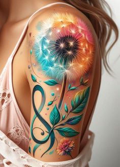 Dandelions bloom, seeds scatter, and infinity loops—a beautiful cycle of existence. Watercolor Tattoo For Women Unique, Womens Sleeve Tattoo Ideas, Watercolor Tattoo Ideas, Colour Tattoo For Women, Colorful Tattoos, Japanese Dragon Tattoo, Wicked Tattoos, Tattoos For Women Flowers, Watercolor Tattoos