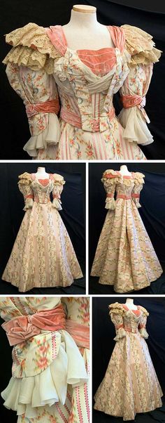 1895 Gown by Fox Sisters, New York. Silk faille combines ribbon-weave satin stripes with watered silk flowers. Fabric embellished with pink velvet trim and flounces of beige lace and ivory silk chiffon. Both pieces lined with ivory taffeta. Boned bodice closes in front with hooks and has little sachet packets inside front. Skirt hem stiffened to hold shape. The Fox sisters made dresses for the cream of society. Vintage Textile via web.archive.org Lady Bracknell, Fox Sisters, Coral Orange Dress, Web Archive, Boned Bodice