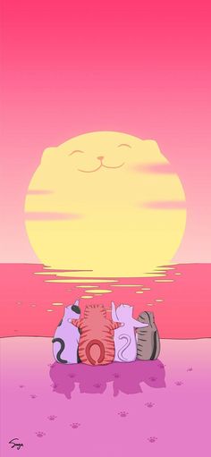 two cats laying on top of each other in front of the ocean with a pink sky