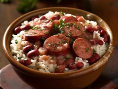 a brown bowl filled with rice and beans