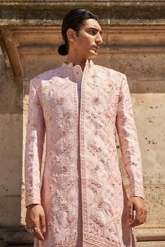 Pink sherwani with resham embroidered floral vine motifs, embellished by beads and sequins. Comes with inner kurta, pant and dupatta. - Aza Fashions Pink Sherwani, Floral Vine, Pant Set, Raw Silk, Mandarin Collar, Aza Fashion, Pants Set, Vines, For Men