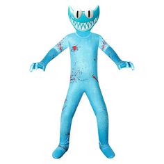 an inflatable blue monster costume with sharp teeth