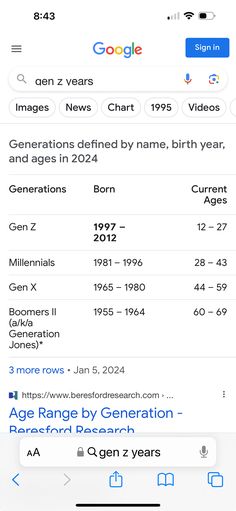 an iphone screen showing the age range by generation, and then in google search results