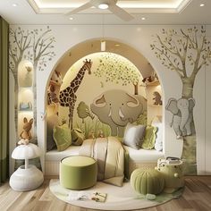 a child's bedroom decorated in green and white with giraffes on the wall