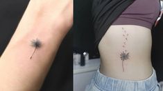 two pictures one with a dandelion tattoo on the left side of the stomach