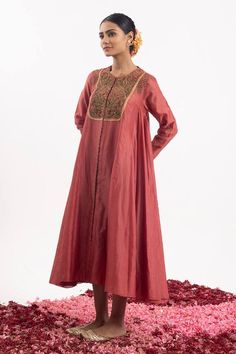 Peach kalidar tunic with embroidered yoke in floral pattern using thread, tubes, cutdana. - Aza Fashions Embroidered Raw Silk Dress For Eid, Anarkali Embroidered Dress In Raw Silk With Resham Embroidery, Anarkali Embroidered Dress With Resham On Raw Silk, Anarkali Embroidered Dress In Raw Silk, Anarkali Raw Silk Dress With Resham Embroidery, Long Sleeve Cotton Silk Dress With Intricate Embroidery, Resham Embroidered Kaftan For Reception, Long Sleeve Kaftan With Resham Embroidery For Reception, Long Sleeve Slub Silk Dress For Eid