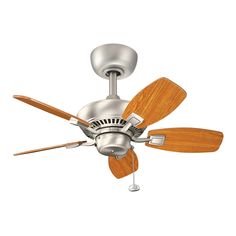 a ceiling fan with two wooden blades on the blade and a light fixture attached to it