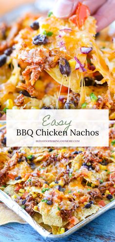 easy bbq chicken nachos on a baking sheet with the title overlay