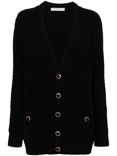 black wool cable knit V-neck long sleeves ribbed cuffs and hem front button fastening Eclectic Clothing, Alessandra Rich, Patterned Cardigans, Embellished Jeans, City Dress, Airport Fashion, Oversized Cardigan, Suit Accessories, Knitwear Cardigan