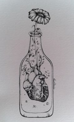 a drawing of a human heart in a bottle with flowers inside and water on the bottom