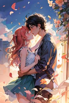 two people are kissing in front of some flowers and leaves, with the sky behind them