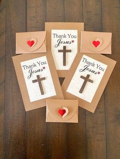 four thank you cards with cross and heart on them