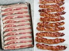 bacon strips are lined up on a baking sheet and then cooked in the oven for cooking