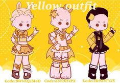 three cartoon characters standing next to each other in front of a yellow background with words below them