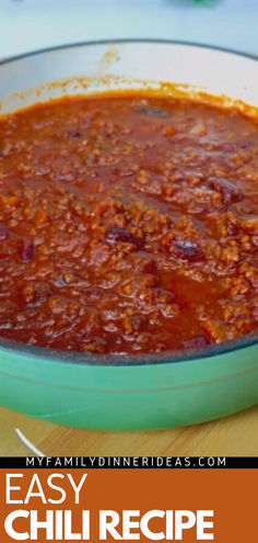 easy chili recipe in a glass dish on a wooden cutting board with text overlay