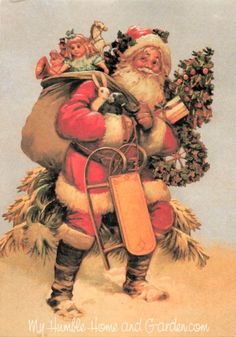 an old fashioned christmas card with santa carrying presents