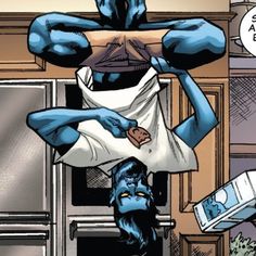 a blue man hanging upside down in the kitchen with his hands on his head and arms stretched out