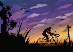 two people riding bikes in front of a sunset