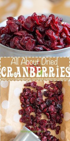 an image of cranberries in a bowl with the words all about dried cranberries