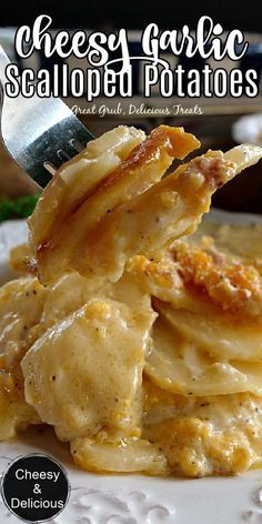 a white plate topped with cheesy garlic scalloped potatoes