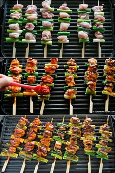 several skewers filled with meat and vegetables on top of a bbq grill