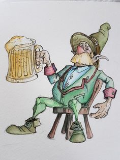 a drawing of a man sitting in a chair holding a beer