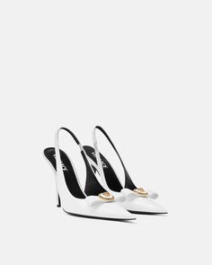 Versace Gianni Ribbon High Slingback Pumps | VERSACE Heels Versace, Versace Stilettos, Versace White Heels, Versace Shoes Heels, Versace Shoes White, Versace Satin Platform Pumps, Luxury Slip-on Slingback Pumps With Heel Strap, Versace Heels, Shoes Heels Stilettos