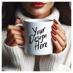 a woman holding a white coffee mug with her hands on her chest and the words your design here printed on it