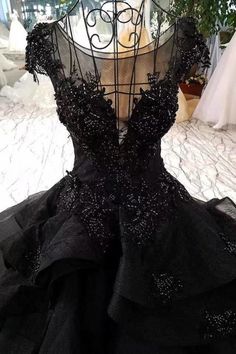 Black Ball Gown Wedding Dress, Wedding Dress With Cap Sleeves, Beaded Formal Dress, Beaded Prom Dress, Tulle Prom Dress, Professional Dresses, Halloween Wedding