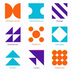 an image of different shapes and sizes on a white background with orange, blue, and purple