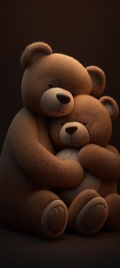 two brown teddy bears sitting next to each other on a black background with one hugging the other