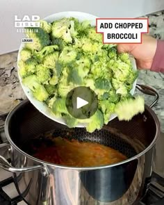 broccoli being cooked in a large pot on top of a stove with the words, add chopped broccoli