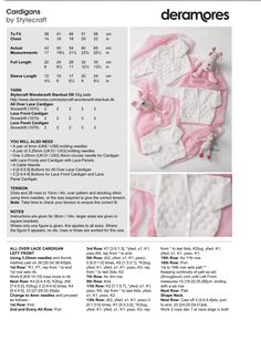 the instructions for this baby's cardigan and sweater are shown in pink, white and