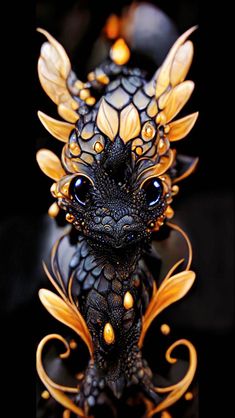 a black and gold dragon figurine sitting on top of a table