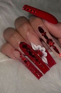 Cute Red Nails, Red And Gold Nails, Red Acrylic Nails, Long Acrylic Nail Designs