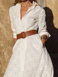 UOOZEE White Shirt Dress For Beach In Fall, White Belted Shirt Dress For Summer, White Belted Short Sleeve Shirt Dress, White Short Sleeve Belted Shirt Dress, White Belted Shirt Dress With Short Sleeves, Long Sleeve Shirt Dress, Lapel Collar, Formal Occasion, Semi Formal