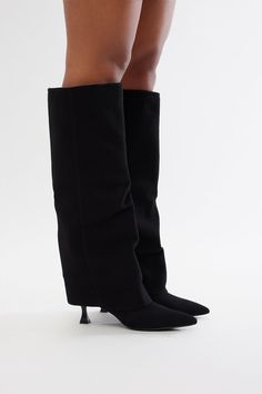 Available In Black And Brown. Knee High Heeled Boots Overlay Detail Pointed Toe 2" Low Heel Imported | Kyson Overlay Boots in Black size 6.5 by Fashion Nova