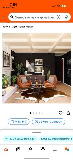 an orange and black living room with two couches