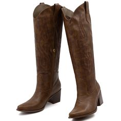 PRICES MAY VARY. Classic Style: These knee high cowboy boots are designed with classic embroidery,almond-shaped pointed toe and V-cut cuff design show stylish and elegant western style. Comfortable to Wear: Women's knee-high boots are made of soft PU leather for its outer,lined breathable mesh,offers a soft next-to-skin feel to give feet comfortable.The rubber sole is non-slip and durable, providing great cushioning and support. Heel Height: The chunky heel height of wide calf cowboy boots is ab Cowboy Boots Heels, Winter Knee-high Heeled Boots For Ranch, Winter Brown Heeled Boots For Rodeo, Brown Knee-high Heeled Boots For Rodeo, Wide Calf Knee-high Boots For Country Events, Brown Knee-high Boots For Rodeo, Western-themed Knee-high Heeled Boots For Winter, Fall Knee-high Boots With Round Toe For Country Events, Brown Knee-high Boots For Western-themed Events In Fall