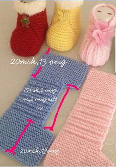 crocheted baby booties and mittens are shown with the instructions for how to knit them