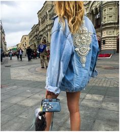 Embellished Denim Jacket | Tiny Purse | Fendi Purse | Fashion Week | Street Style 00s Mode, Embellished Denim Jacket, Mode Tips, Denim Outfits, Denim On Denim, Embellished Denim, Mode Inspo, Looks Style, Mode Inspiration