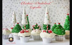 cupcakes decorated with christmas trees and candy canes